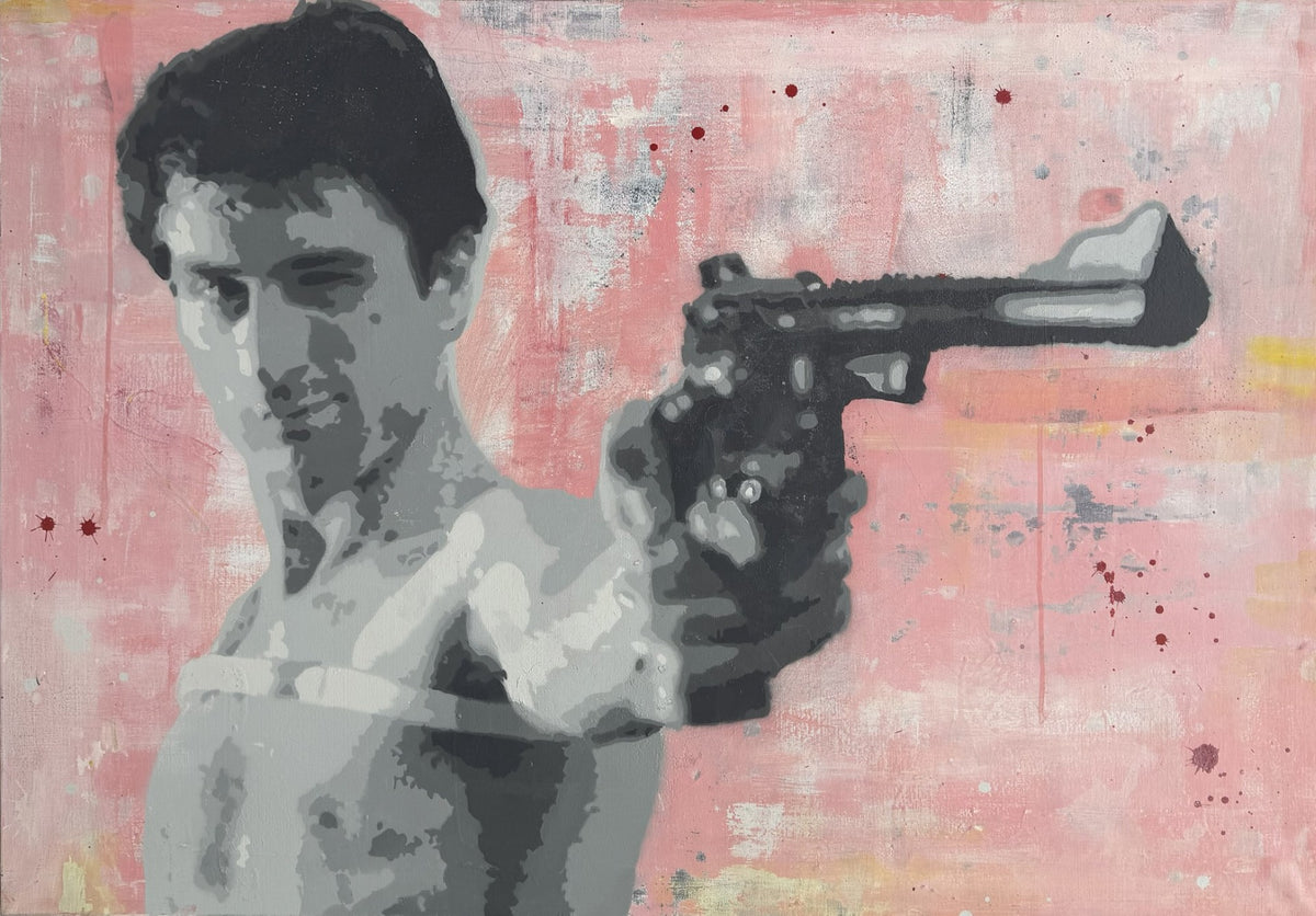 Peinture street art de MISS FUCK intitulée Taxi Driver, aérosol et pochoir sur toile, gris et rose, 116 x 81 cm