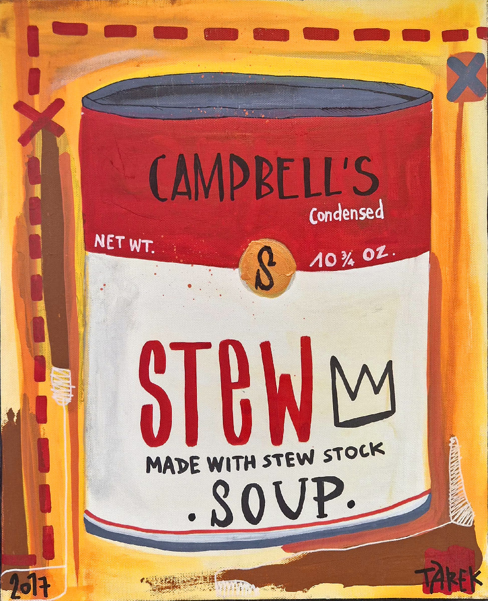 Peinture technique mixte de Tarek, Campbell's Stew, rouge et jaune, 38 x 46 cm