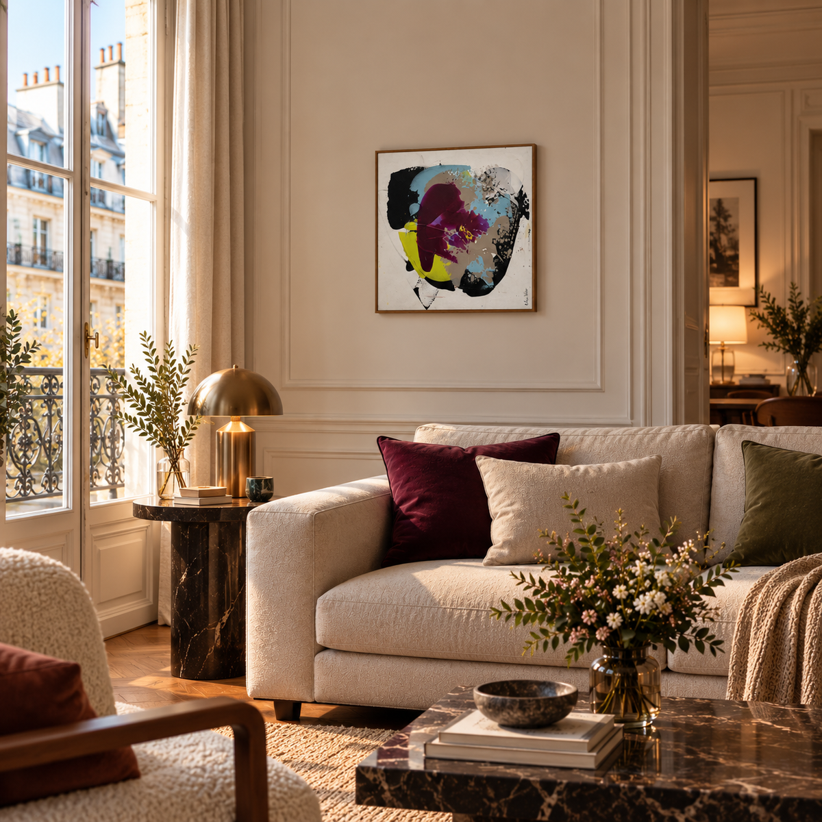 Peinture Améthyste 1 de CELINE WEBER dans un intérieur – 50 × 50 cm