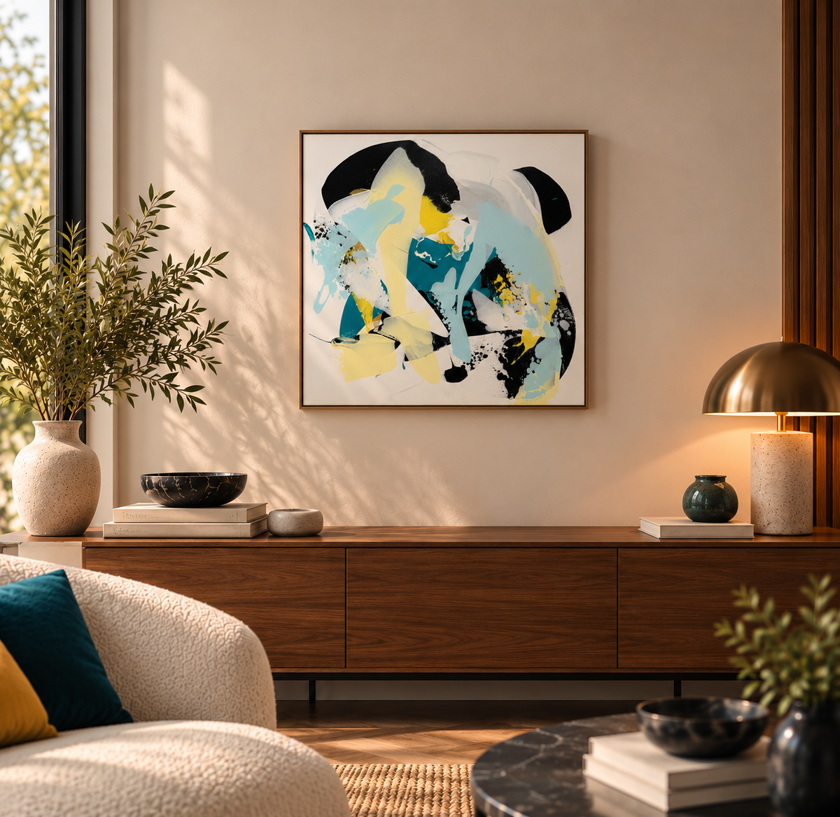 Peinture Lime 4 de CELINE WEBER dans un intérieur – 60 × 60 cm