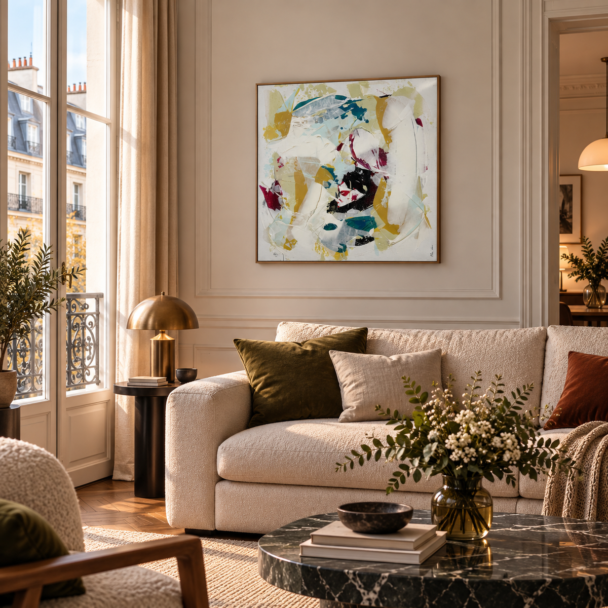 Peinture Plénitude 3 de CELINE WEBER dans un intérieur – 60 × 60 cm