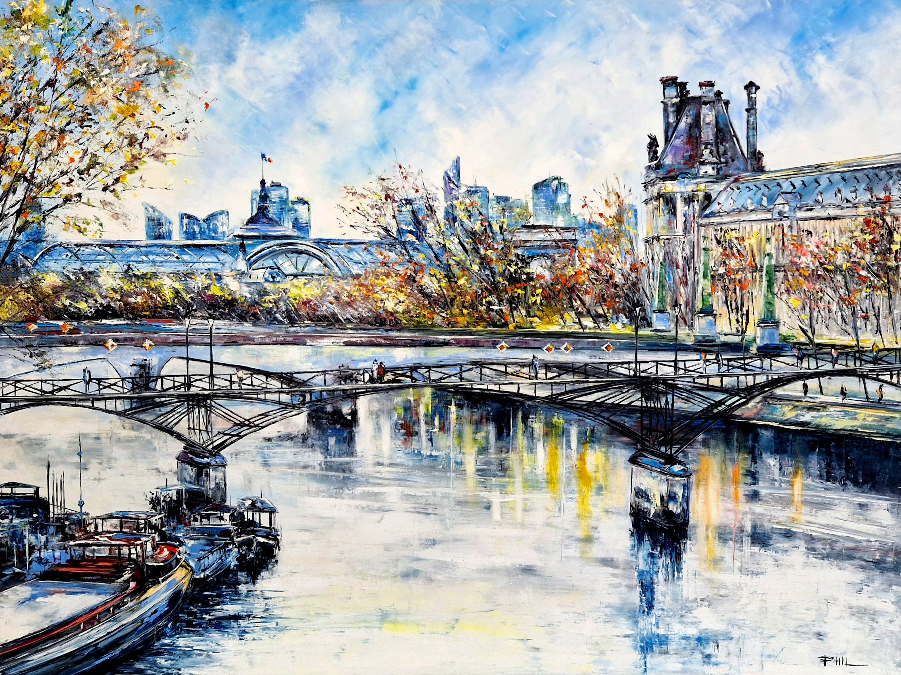 Peinture figurative format xxl bleu Pont des Arts. Paris - L'Automne – PHIL – 116 × 89 cm