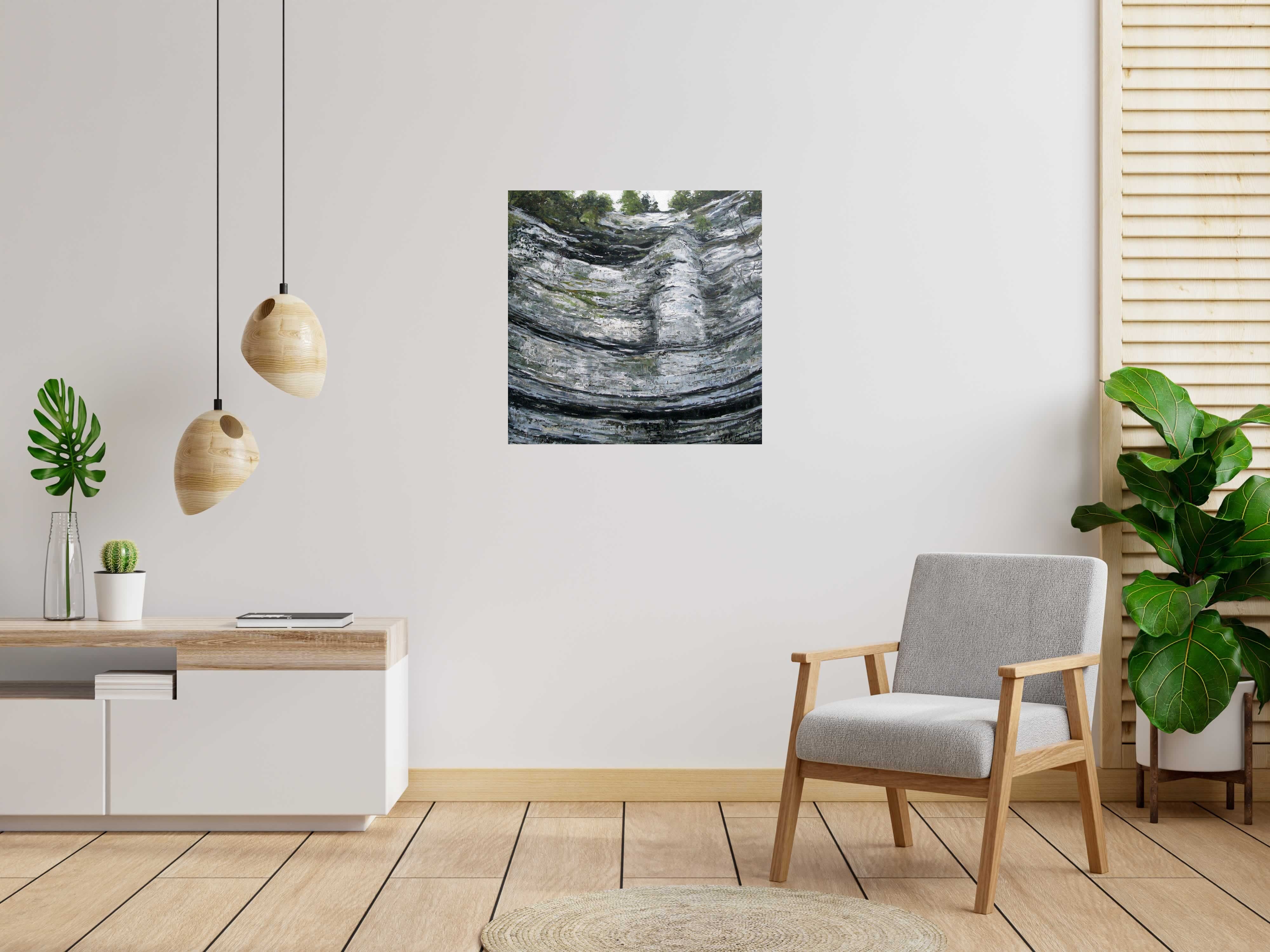 Peinture LE ROCHER DE CONSOLATION de ELISE BARAT dans un intérieur – 80 × 80 cm