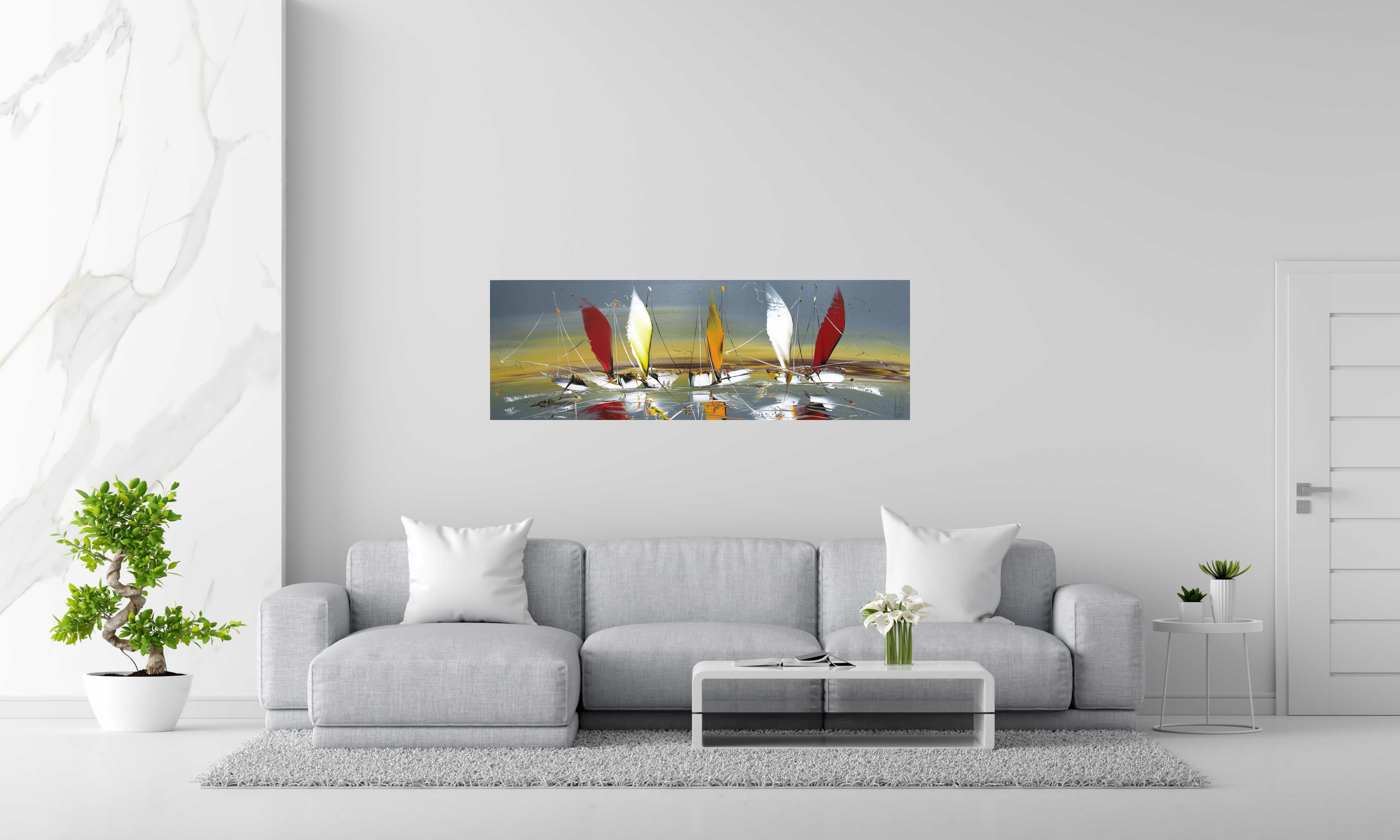 Peinture MARINE ABSTRAITE 74 de F. BOUTET dans un intérieur – 150 × 50 cm