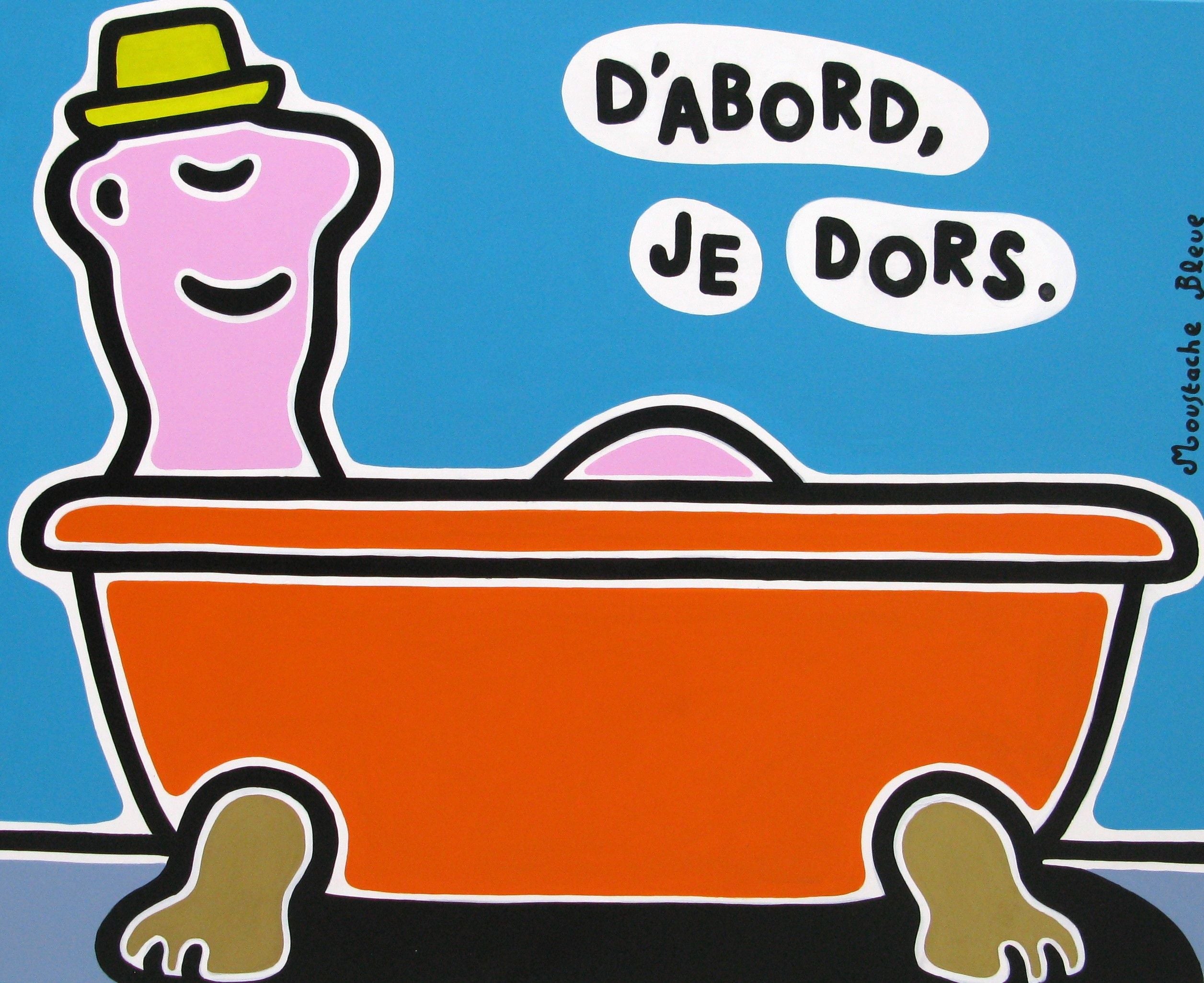 Peinture figurative format xxl D'abord je dors – MOUSTACHE BLEUE – 81 × 100 cm