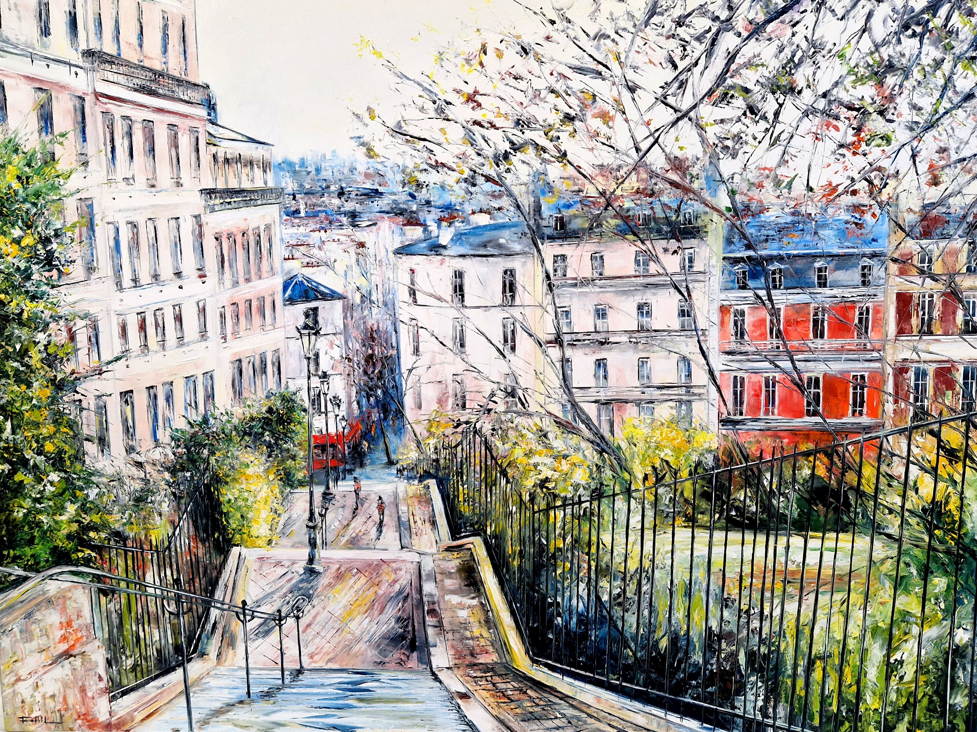Peinture figurative format xxl rose Montmartre, rue Utrillo, Paris – PHIL – 130 × 97 cm