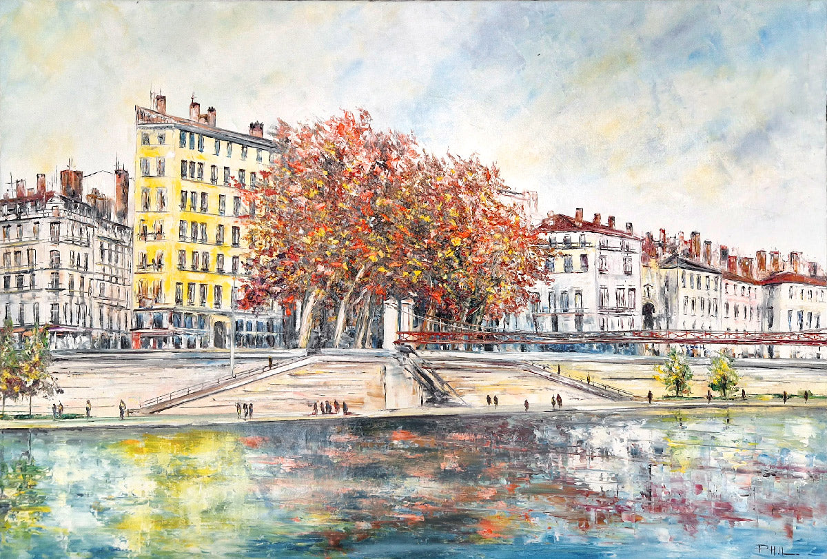 Peinture figurative format xxl rouge Journée sur les quais de Lyon – PHIL – 80 × 120 cm
