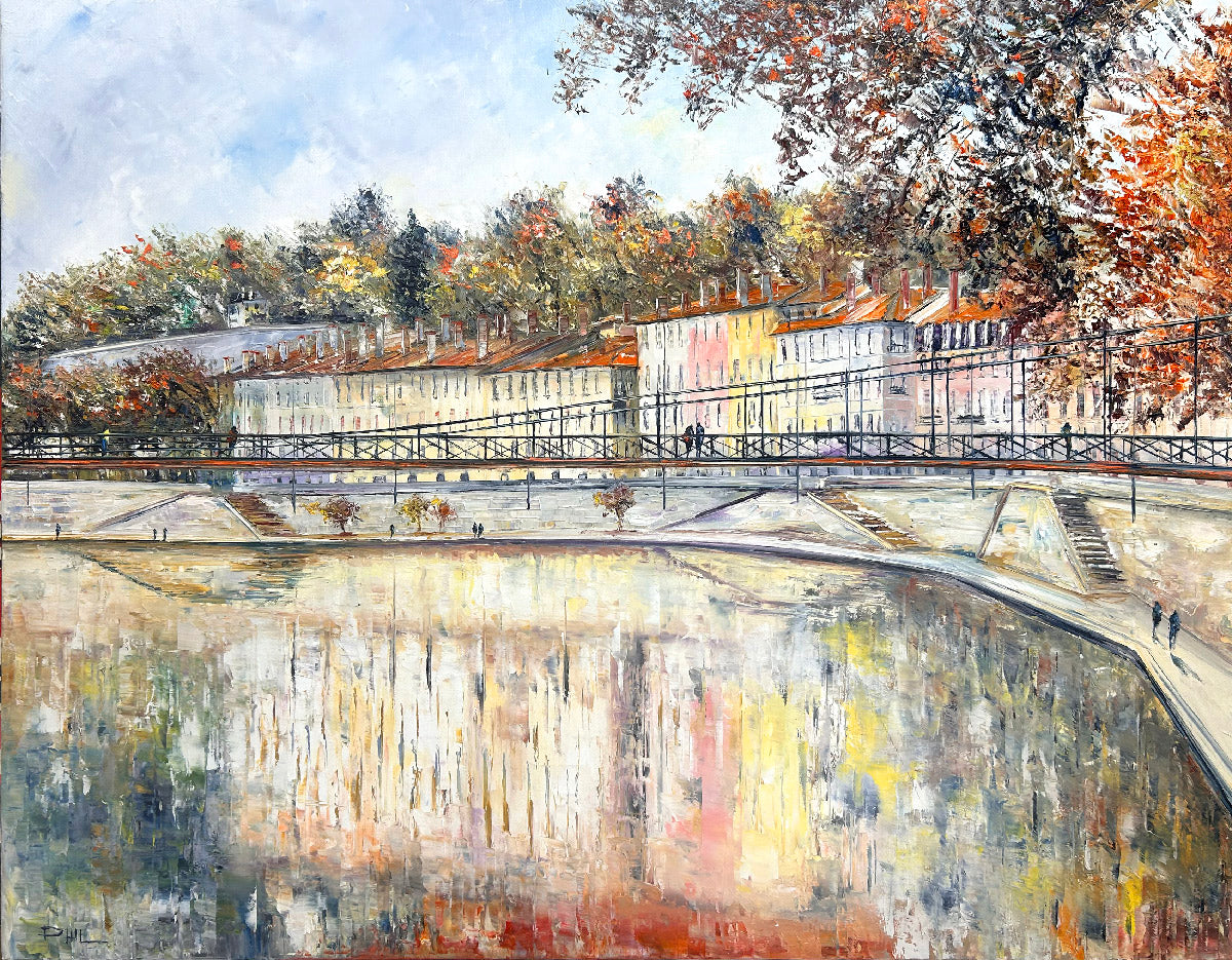 Peinture figurative format xxl rouge Quai St Vincent, Lyon – PHIL – 100 × 120 cm