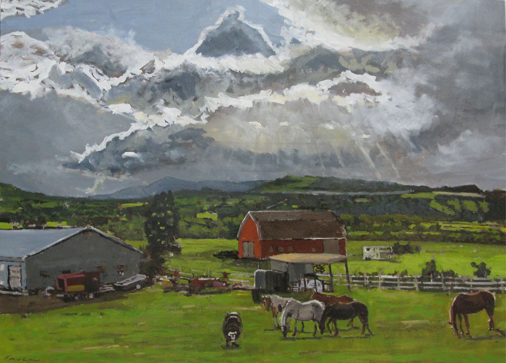 Peinture figurative format xxl vert AMERICAN FARM – ADRIEN FAVEAU – 81 × 116 cm