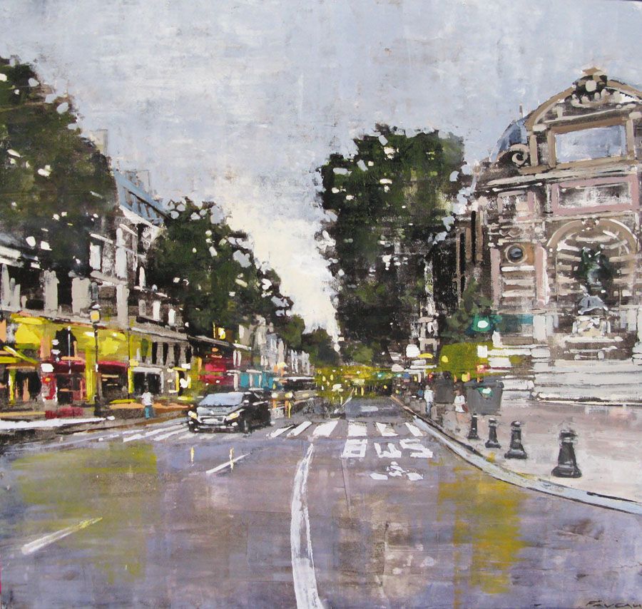 Peinture figurative grand format FONTAINE ST MICHEL – ADRIEN FAVEAU – 100 × 100 cm