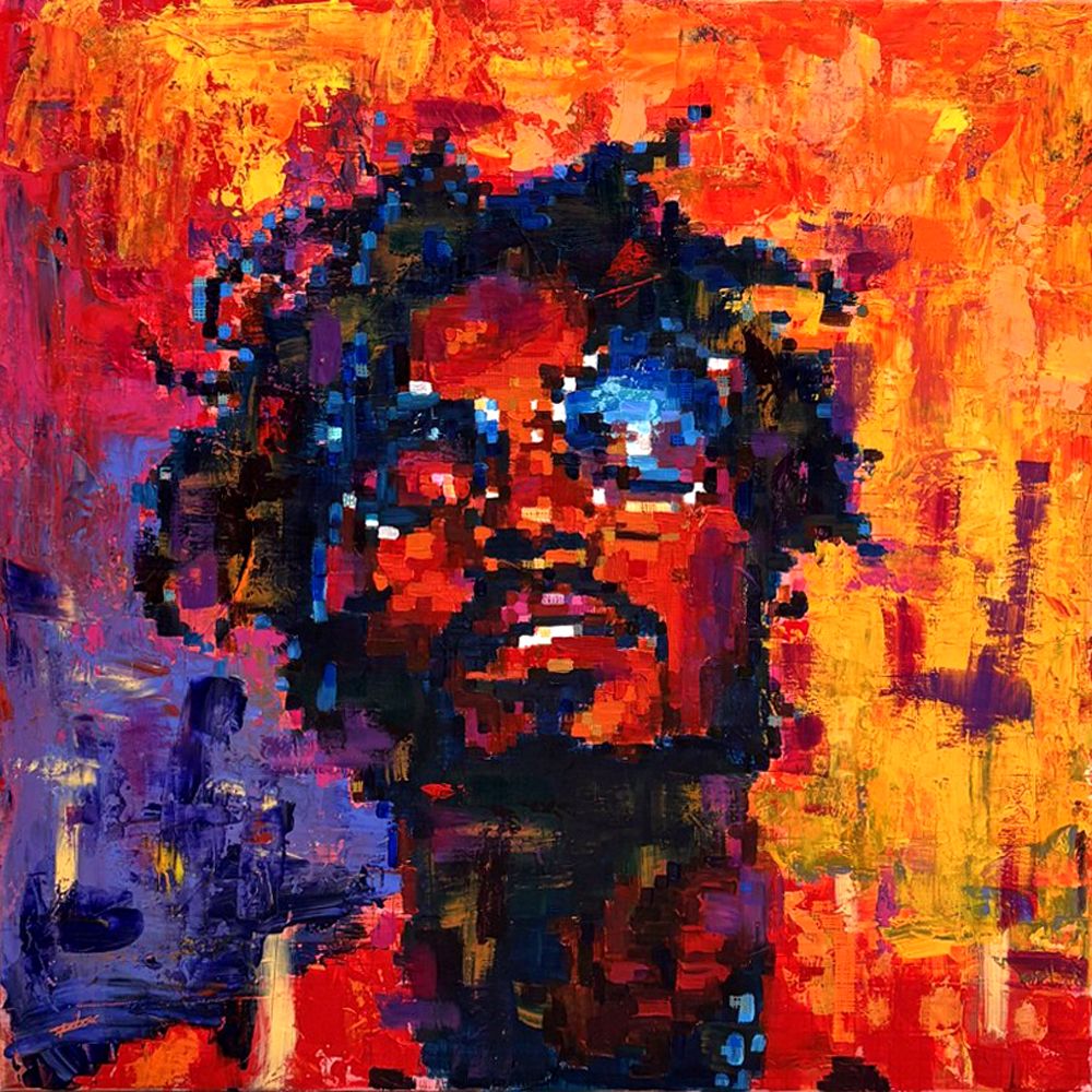 Peinture figurative grand format bleu SOUL – NICOLAS JESBAC – 100 × 100 cm