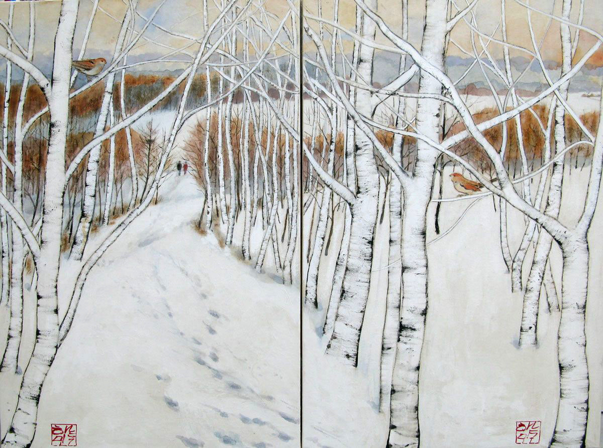 Diptych - Two Birds in the Birch Trees