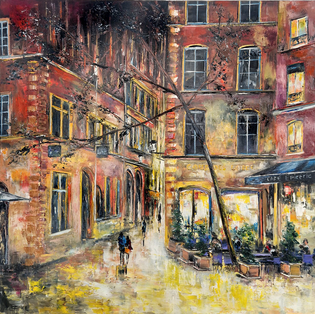 Peinture figurative grand format Cours des loges, St Jean, Lyon – PHIL – 90 × 90 cm