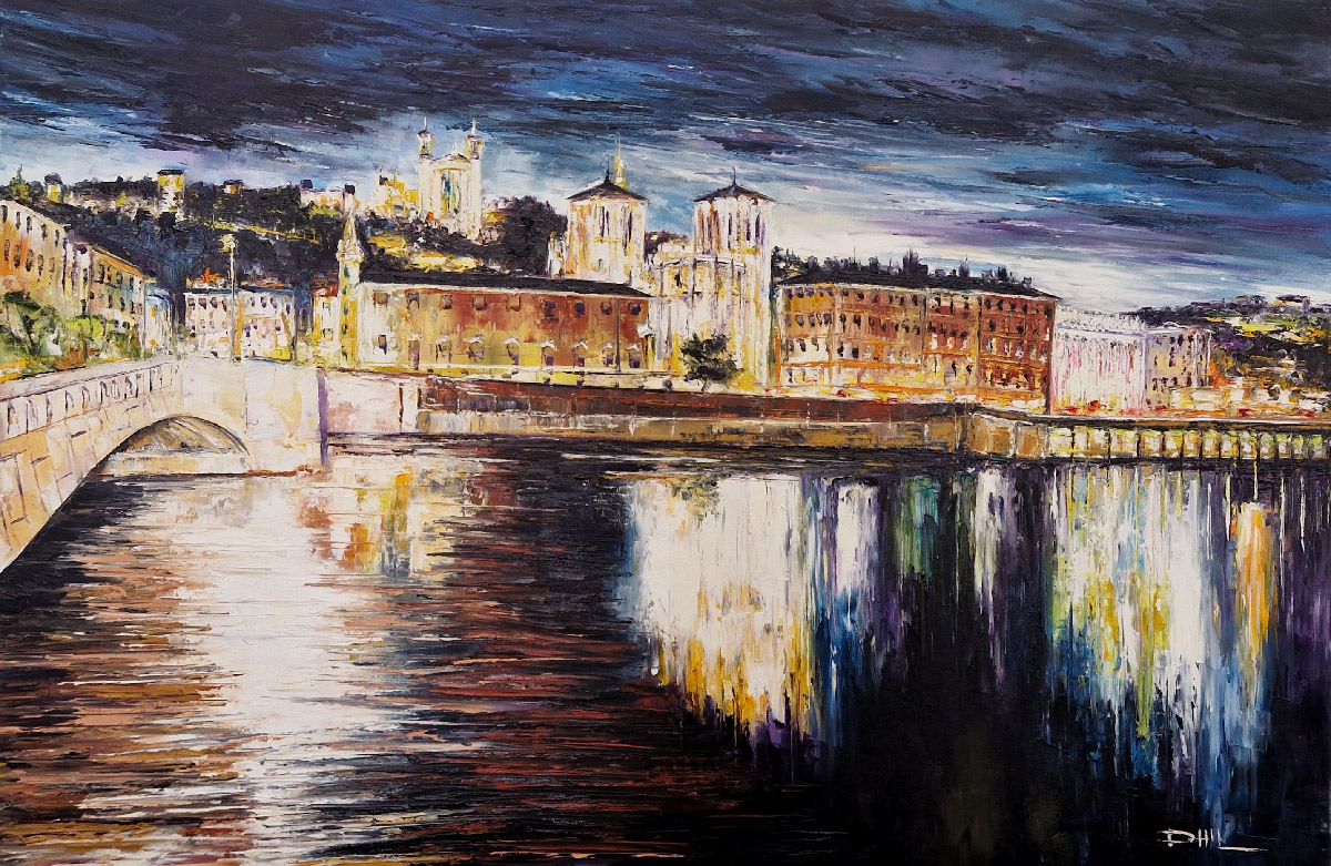 Peinture figurative grand format Quai de la Saône, Lyon – PHIL – 100 × 70 cm