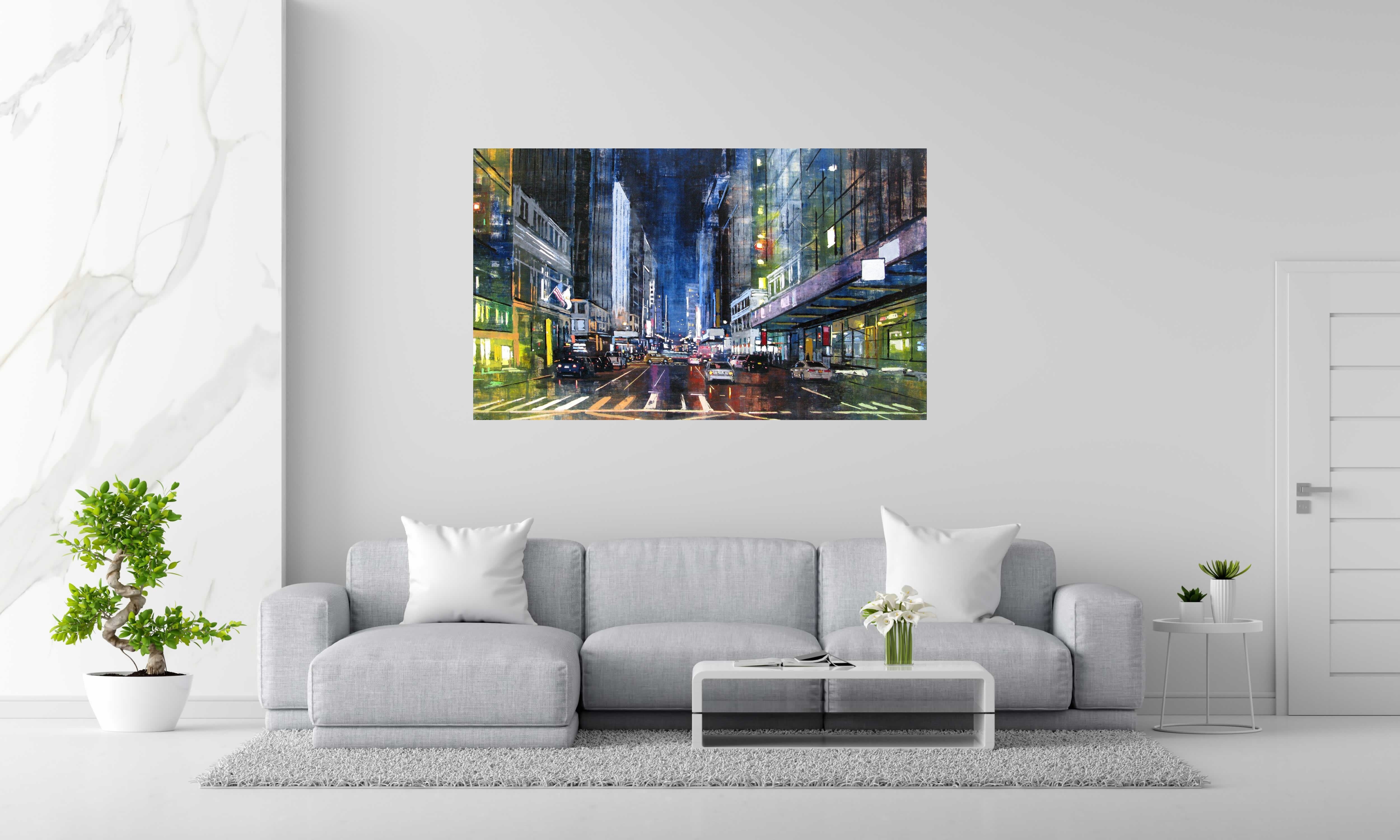 Peinture Manhattan Night Lights de ADRIEN FAVEAU dans un intérieur – 162 × 97 cm