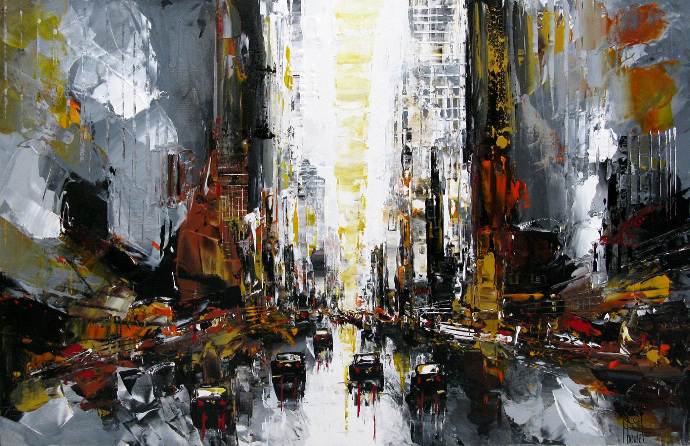 Peinture figurative grande taille blanc et noir ON THE FIFTH – F. BOUTET – 130 × 81 cm