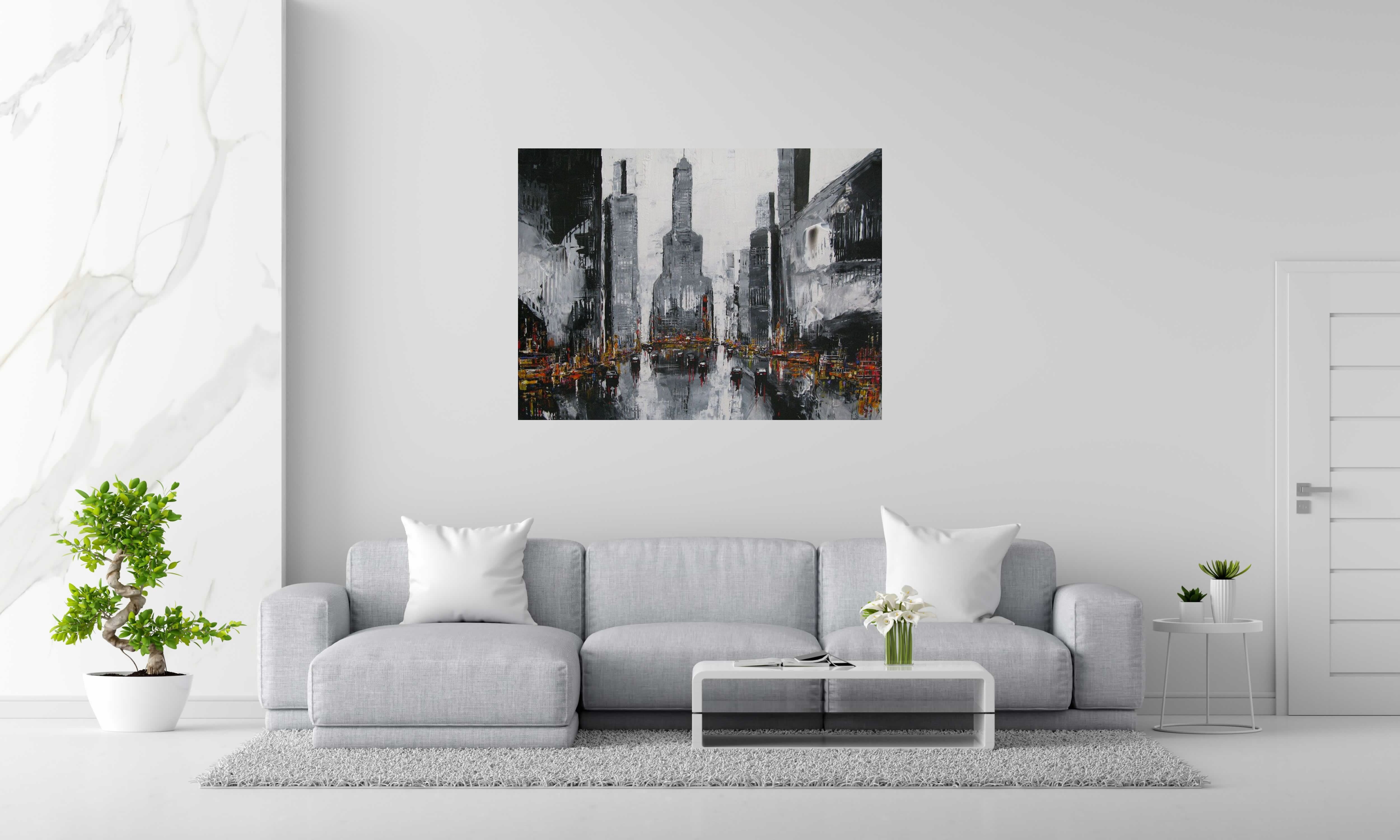 Peinture GREY MANHATTAN 3 de F. BOUTET dans un intérieur – 97 × 130 cm