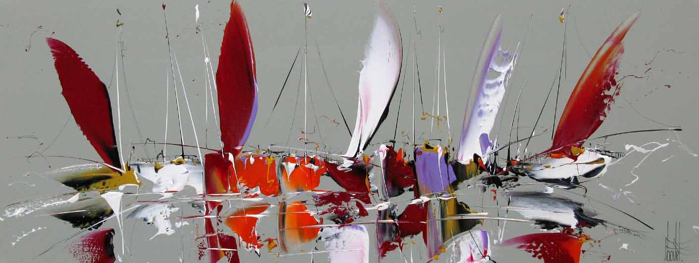 Peinture figurative grande taille gris et rouge Marine abstraite 2023-38 – F. BOUTET – 120 × 40 cm