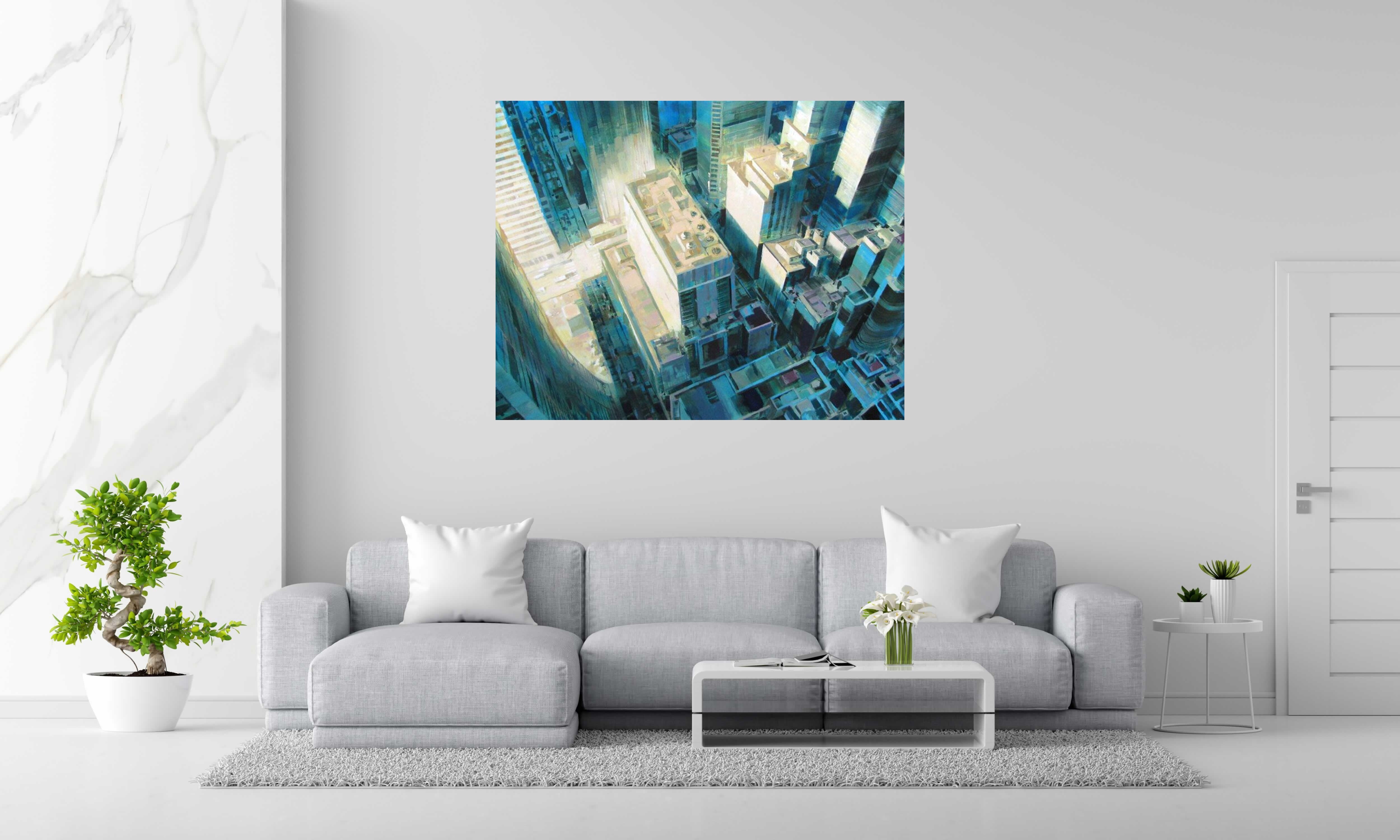 Peinture GREEN SKYLINE de HEATON RUDYARD dans un intérieur – 114 × 146 cm