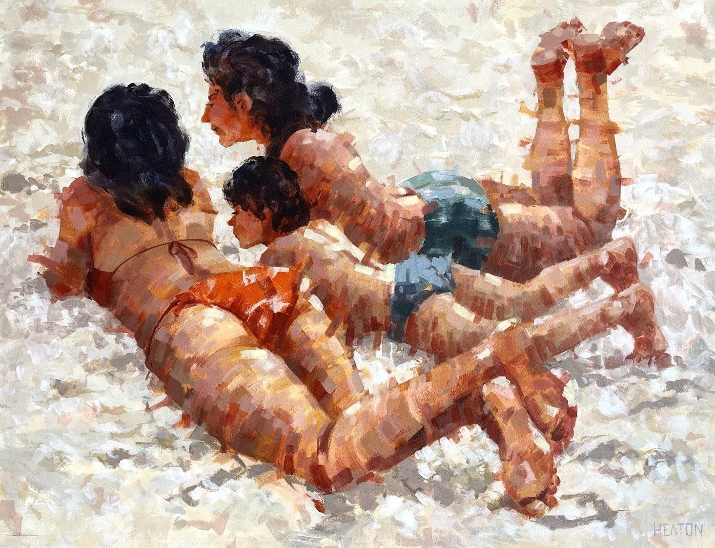 Peinture figurative grande taille TRIO SUR LE SABLE – HEATON RUDYARD – 89 × 116 cm