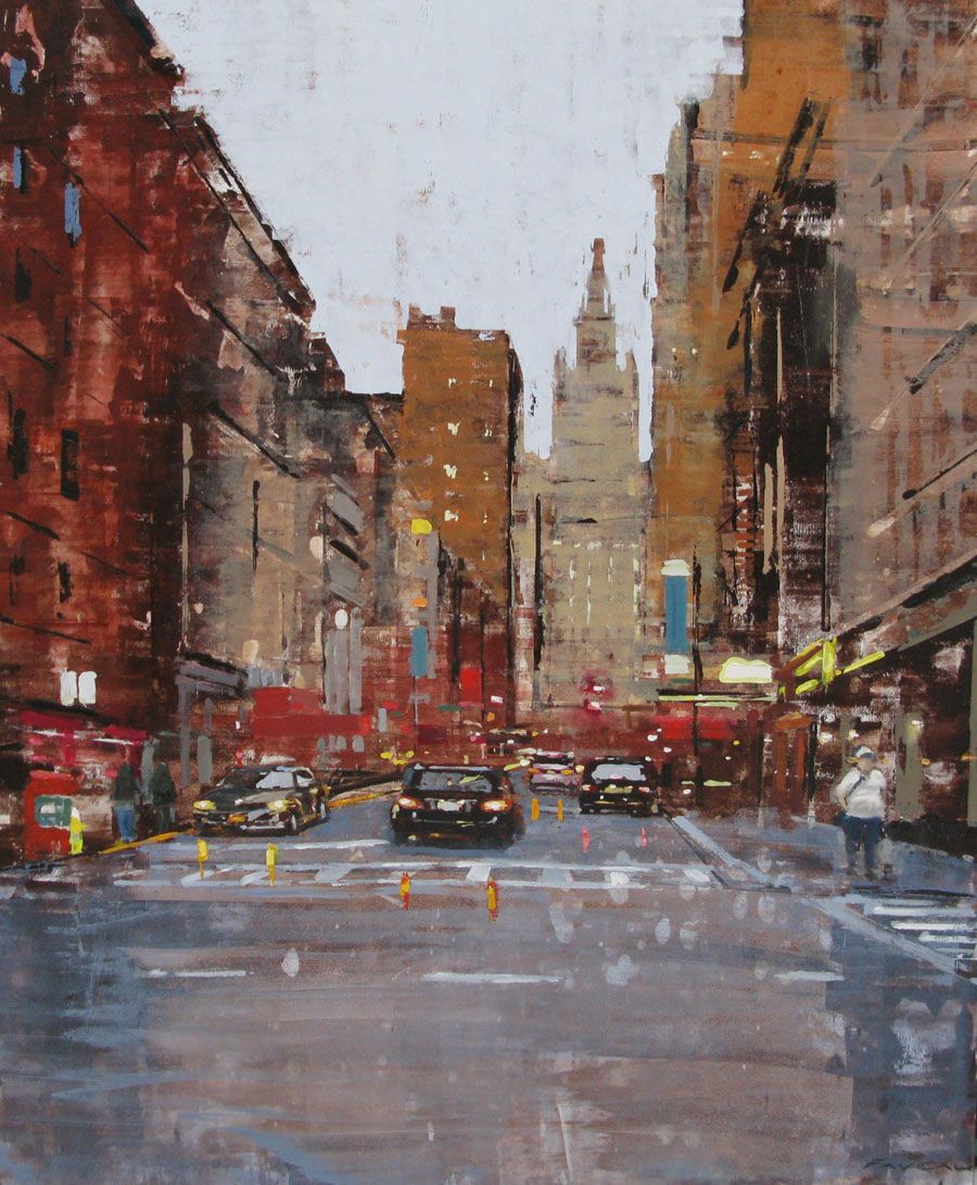Peinture figurative grande taille marron et ocre MANHATTAN AUTUMN – ADRIEN FAVEAU – 116 × 89 cm