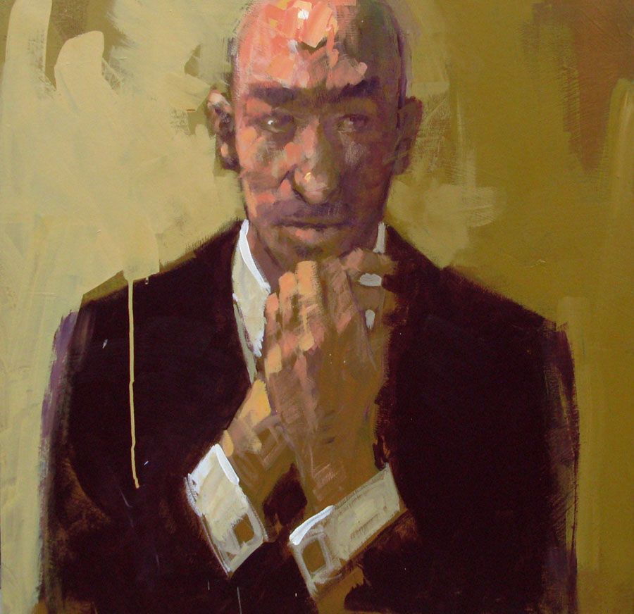 Peinture figurative grande taille noir et vert CORPORATION – OLIVIER MASSEBEUF – 80 × 80 cm