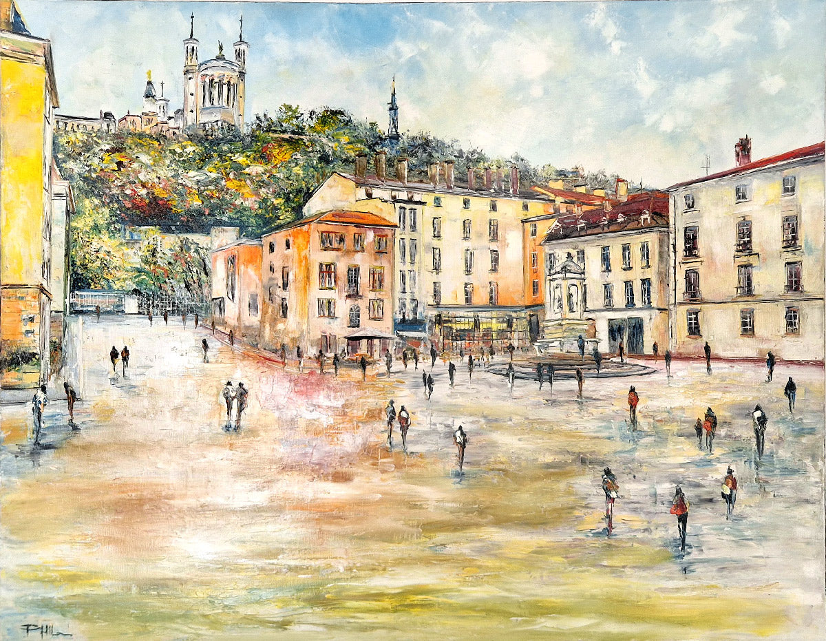 Peinture figurative grande taille orange et vert A la place St Jean, Lyon – PHIL – 73 × 92 cm