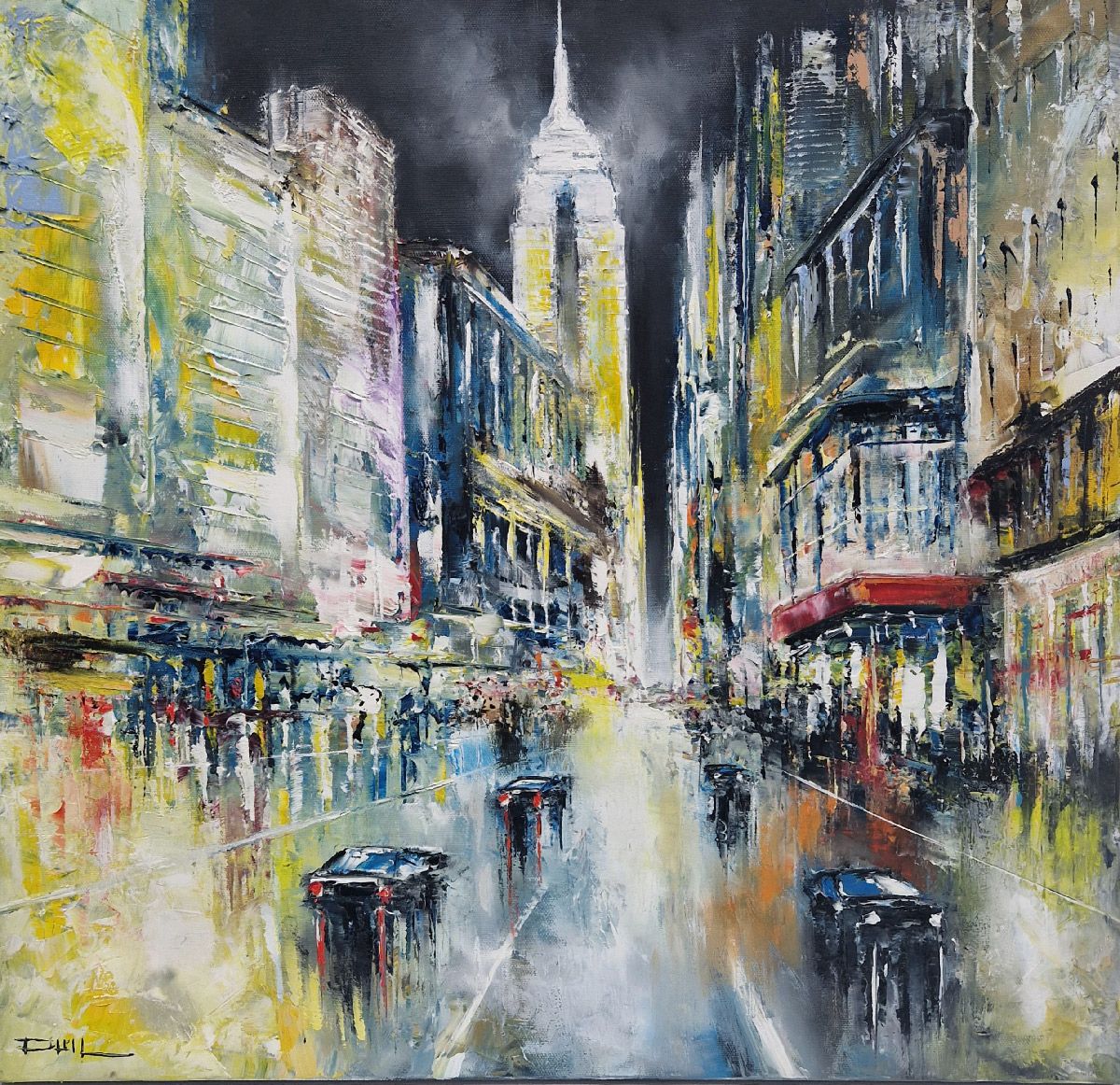 Peinture figurative moyen format bleu Empire, NY – PHIL – 60 × 60 cm