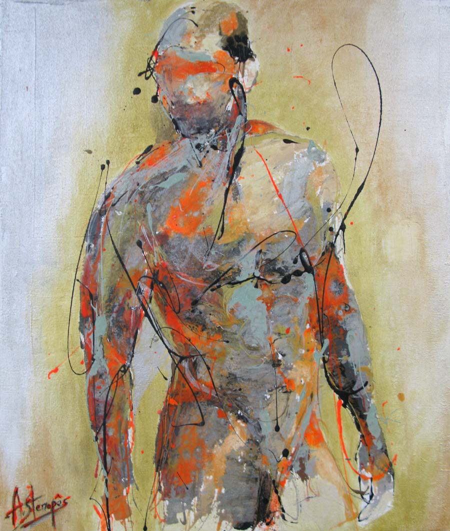 Peinture figurative moyen format jaune et orange POWERFULL – AMANDYNE S. – 60 × 50 cm