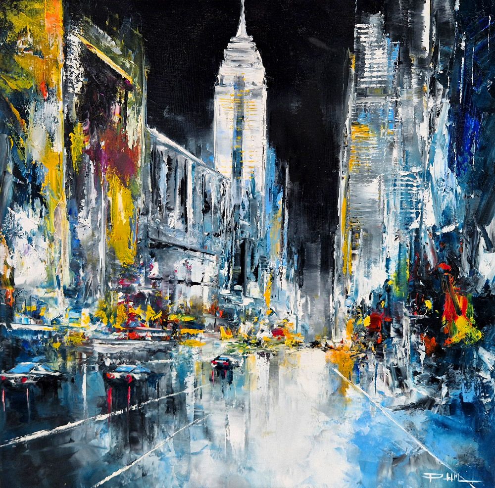 Peinture figurative moyen format noir Empire, NY Night – PHIL – 50 × 50 cm