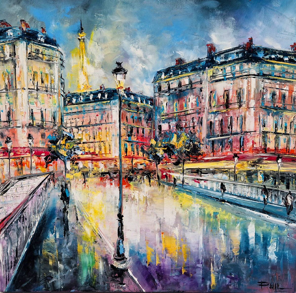 Peinture figurative moyen format rouge Soirée à Paris – PHIL – 50 × 50 cm