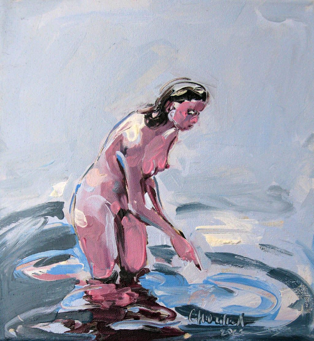Peinture figurative petit format bleu et rose Sofia – OLENA SINIUHINA – 24 × 29 cm