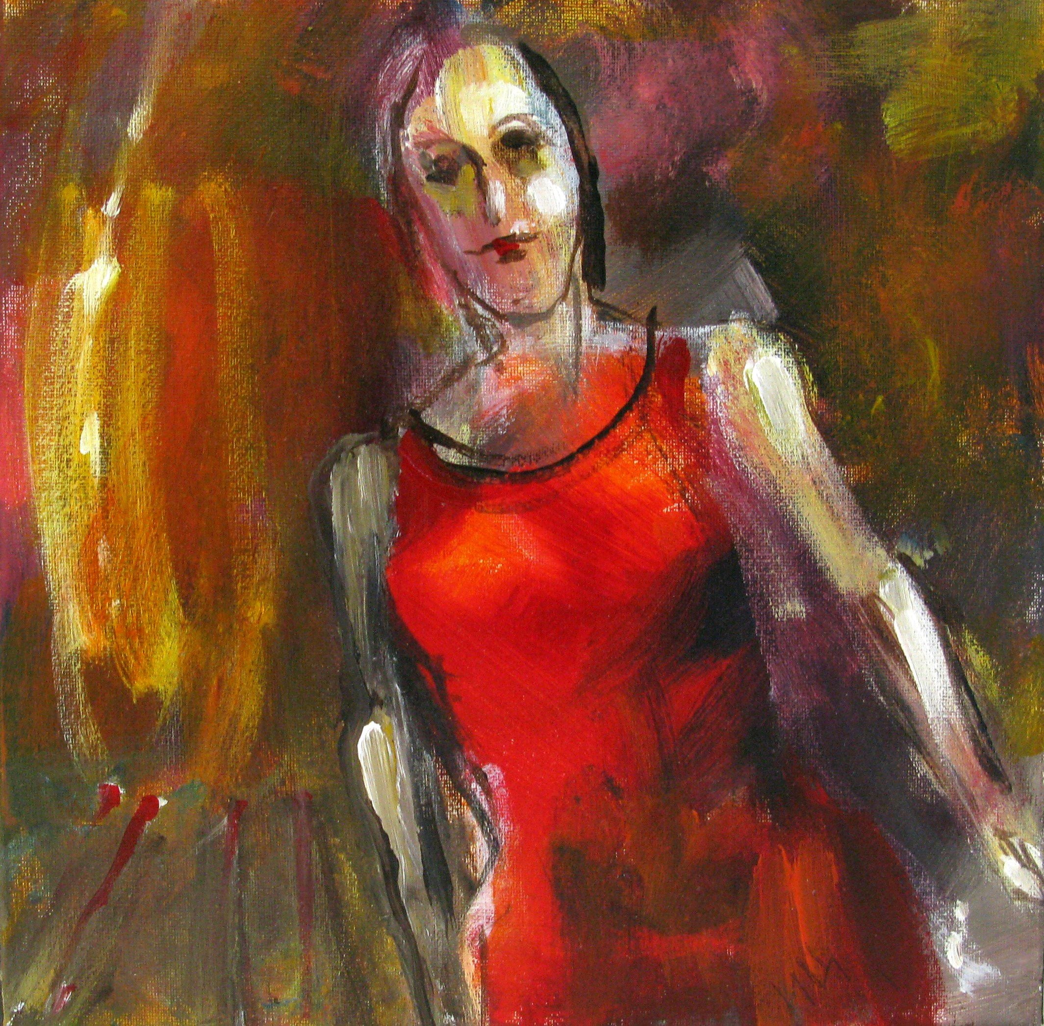 Peinture figurative petit format La robe rouge – IVAN TZONEV – 29 × 29 cm