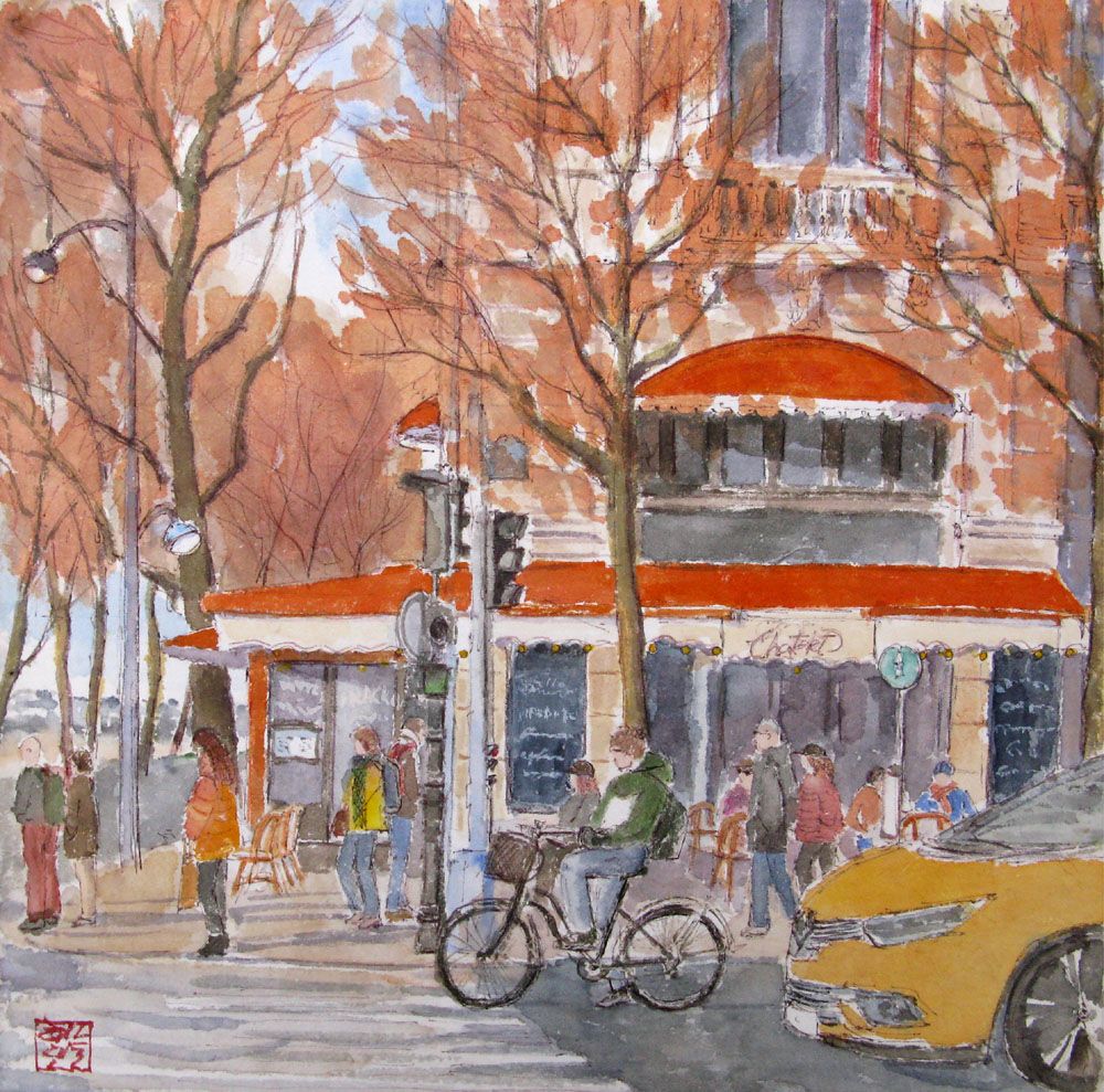 Peinture figurative petit format Brasserie au Châtelet – JEONG MIN LEE – 30 × 30 cm