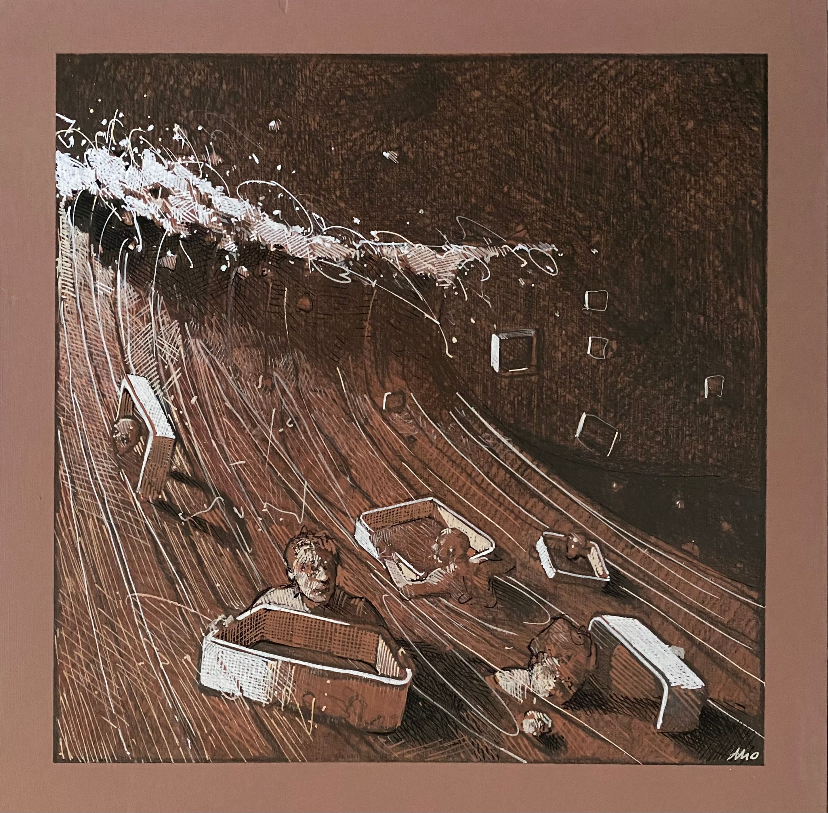 Peinture figurative petit format Le naufrage – OLIVIER MASSEBEUF – 40 × 40 cm