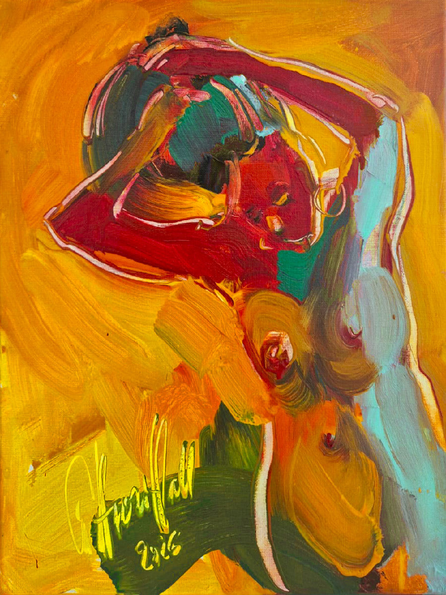 Peinture figurative petit format orange et rouge L'instant 94 – OLENA SINIUHINA – 40 × 30 cm