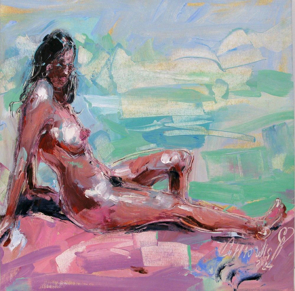 Peinture figurative petit format rose La plage 12 – OLENA SINIUHINA – 40 × 40 cm