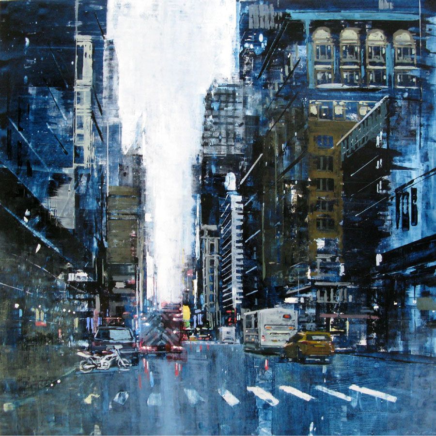 Peinture figurative très grand format bleu FROM CENTRAL PARK TO TIME SQUARE – ADRIEN FAVEAU – 120 × 120 cm