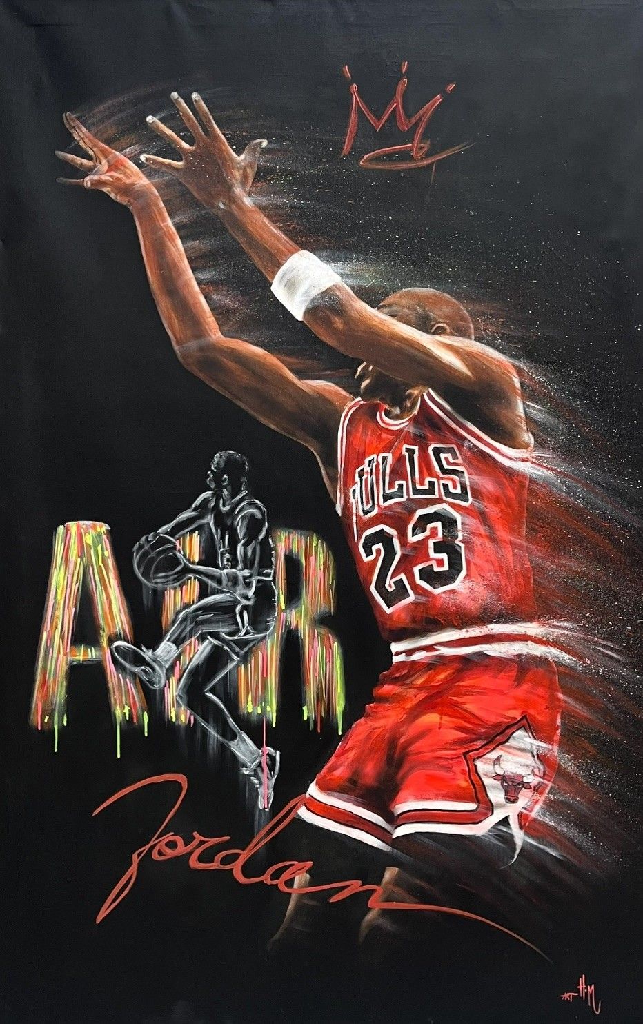 Peinture figurative très grand format bleu Air Jordan Shoot – ART HM – 95 × 150 cm