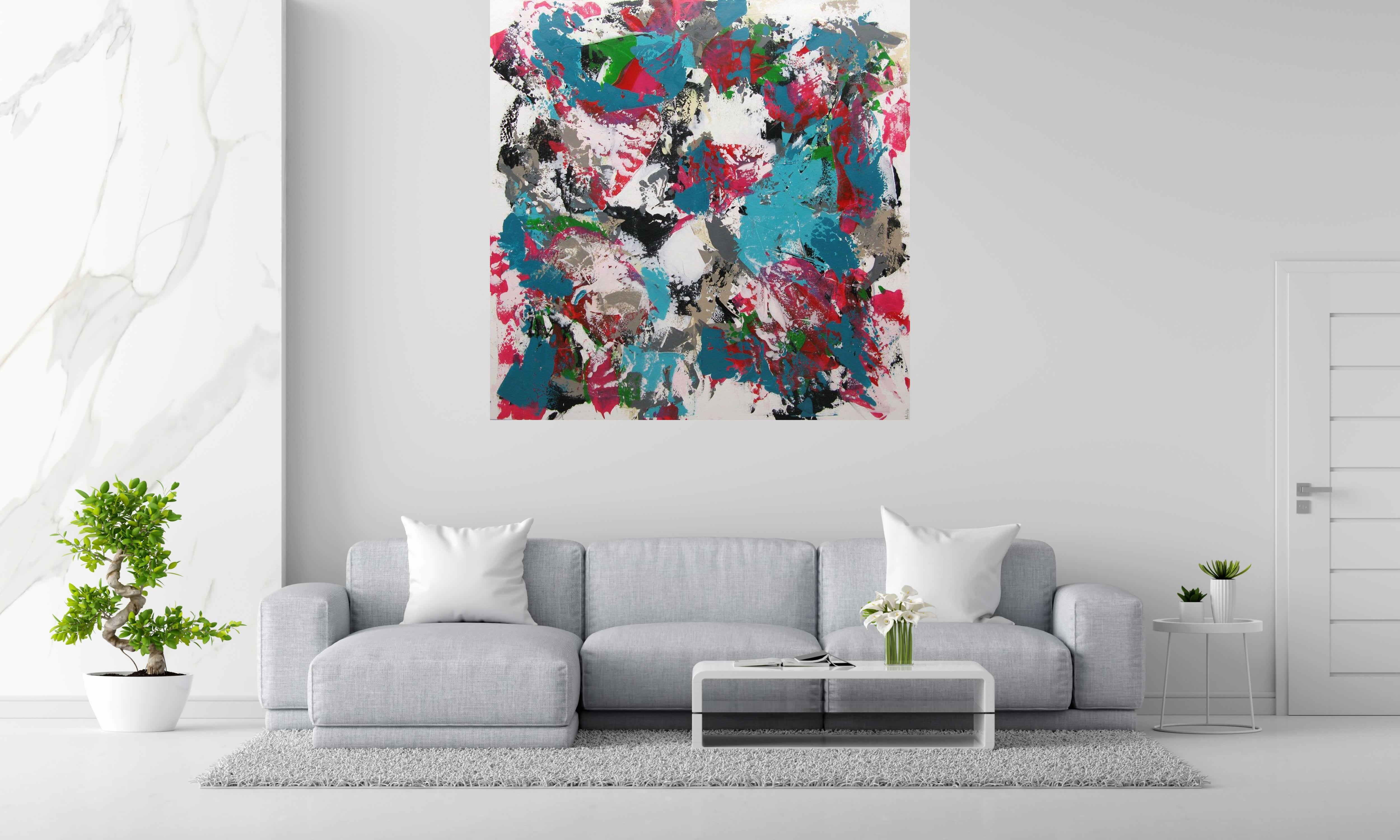 Peinture TROPIQUE de CELINE WEBER dans un intérieur – 150 × 150 cm
