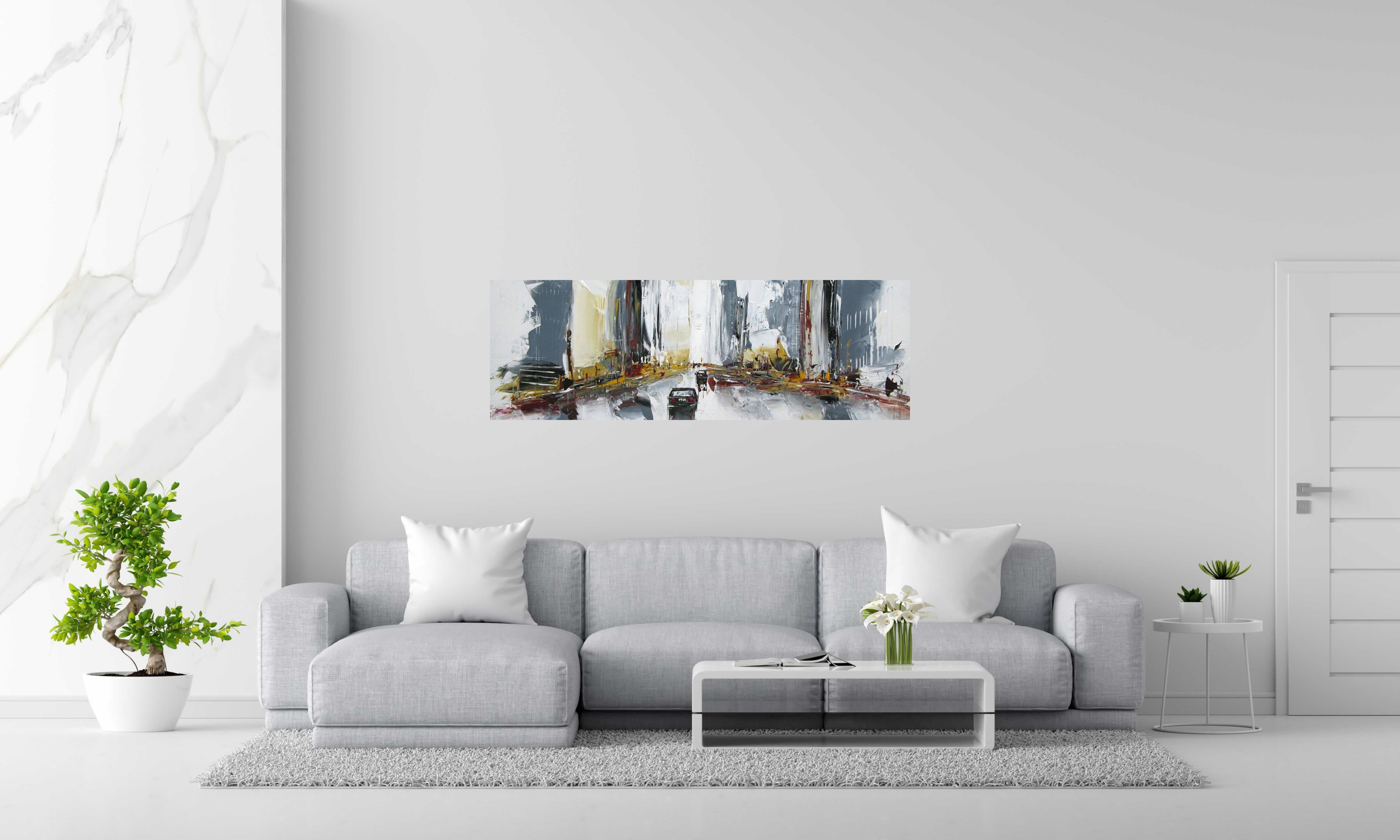 Peinture PAYSAGE URBAIN VIII de F. BOUTET dans un intérieur – 50 × 150 cm