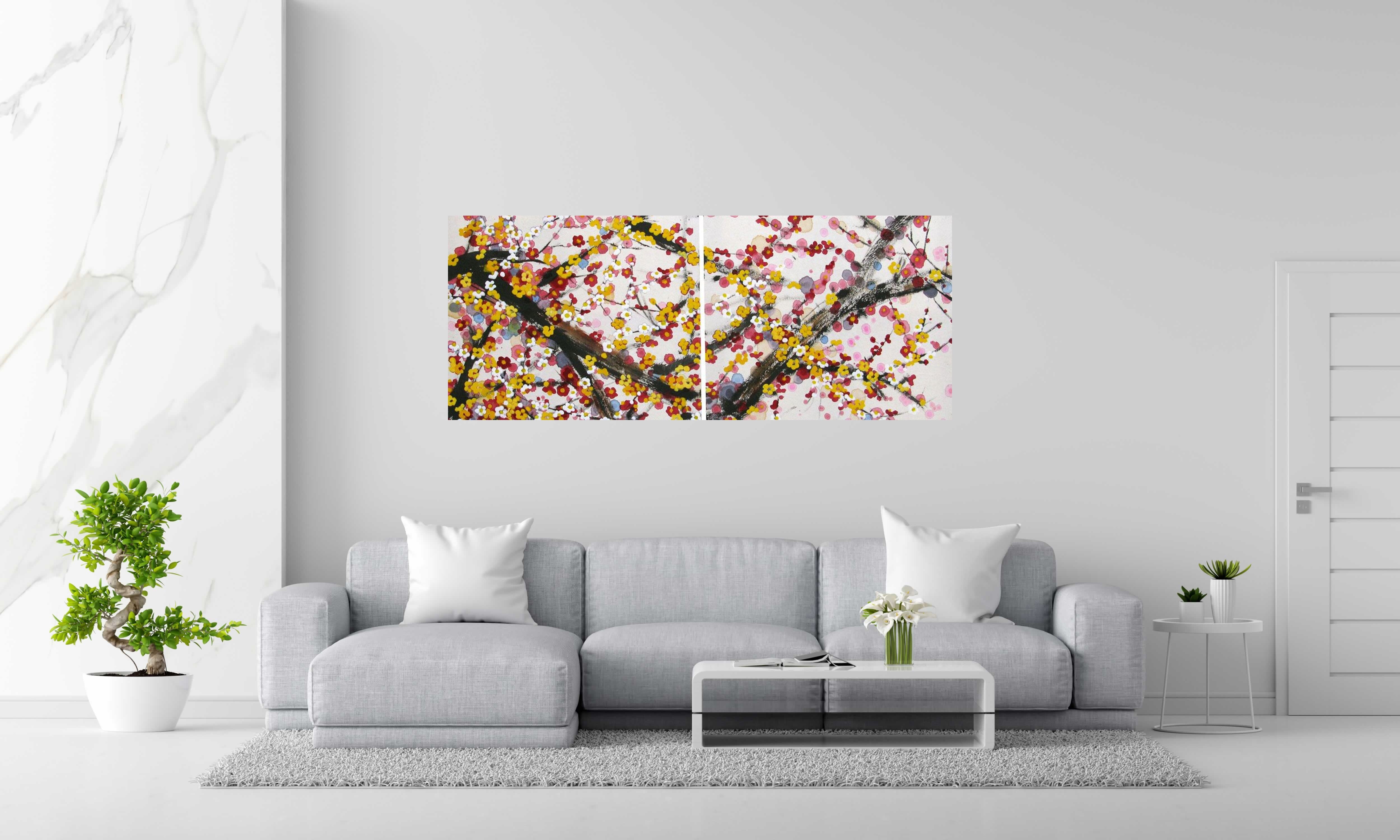 Peinture DYPTIQUE EPANOUISSEMENT de JEONG MIN LEE dans un intérieur – 73 × 180 cm