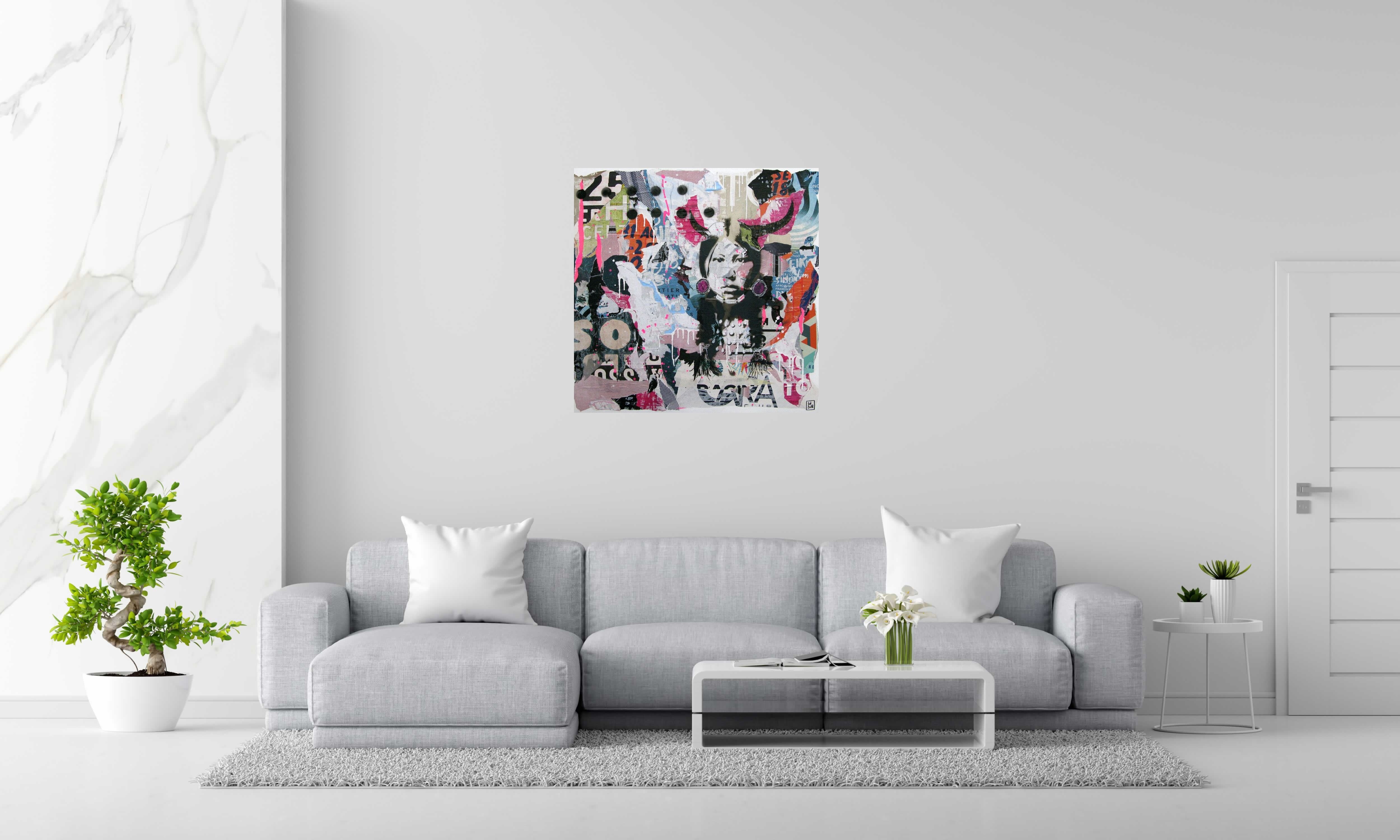 Peinture LA TETE À CORNES de LN LE PAPE dans un intérieur – 90 × 90 cm