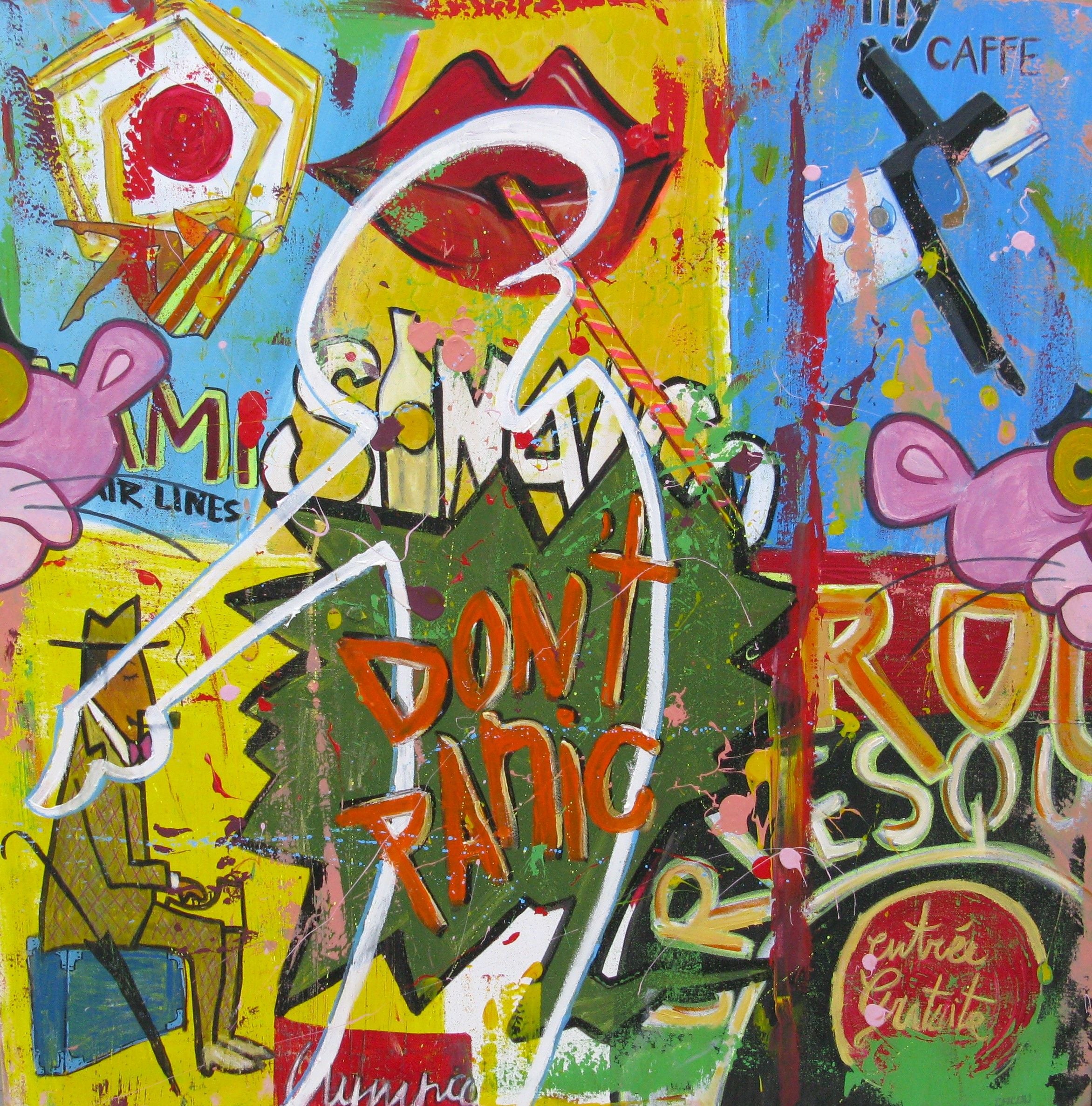 Peinture graphique grand format DON'T PANIC – CACOU – 100 × 100 cm