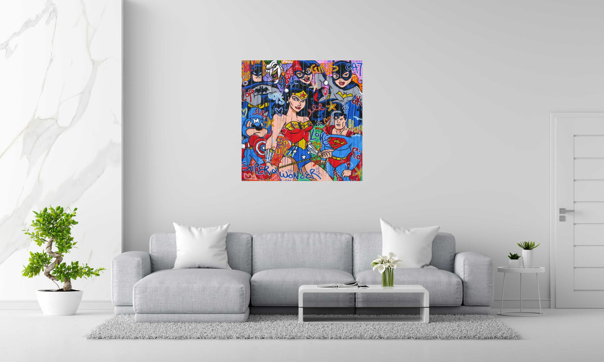 Peinture SUPER & WONDER de RICO SAB dans un intérieur – 100 × 100 cm