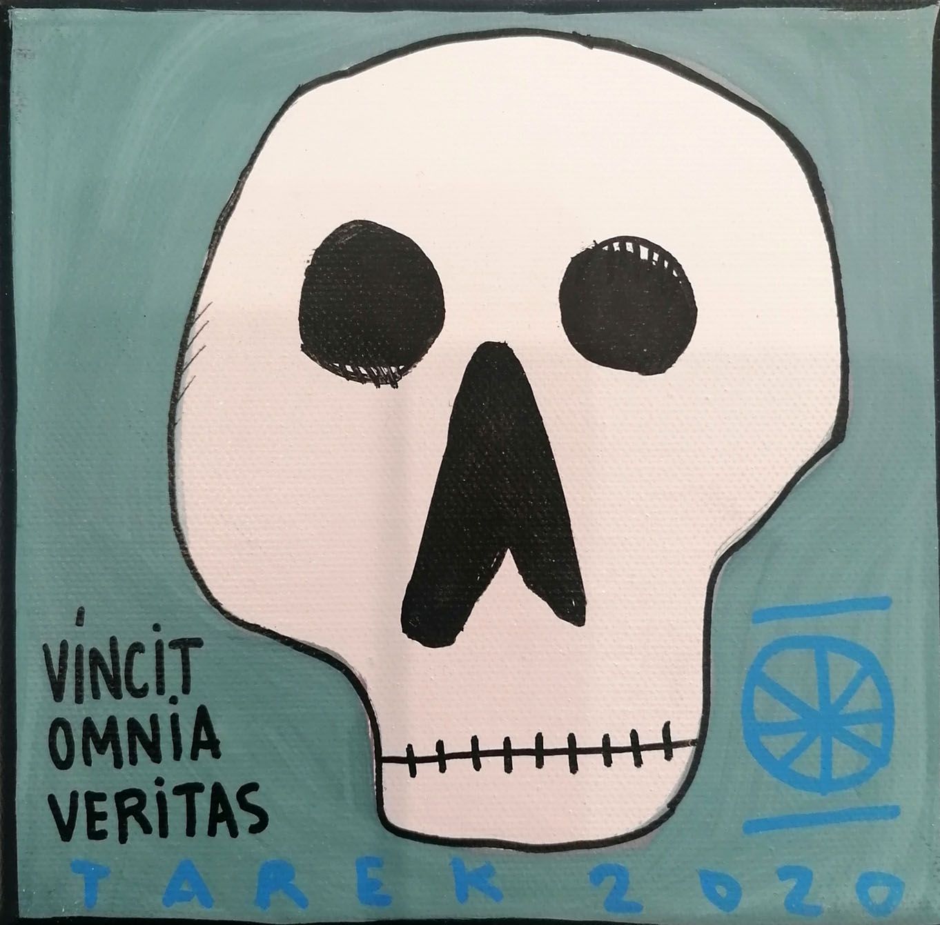 Peinture graphique petit format bleu VINCIT OMNIA VERITAS – TAREK – 15 × 15 cm
