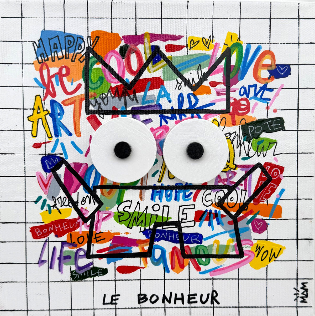 Peinture technique mixte sur toile de MAM intitulée Le Bonheur, petit format 20 x 20 cm, multicolore