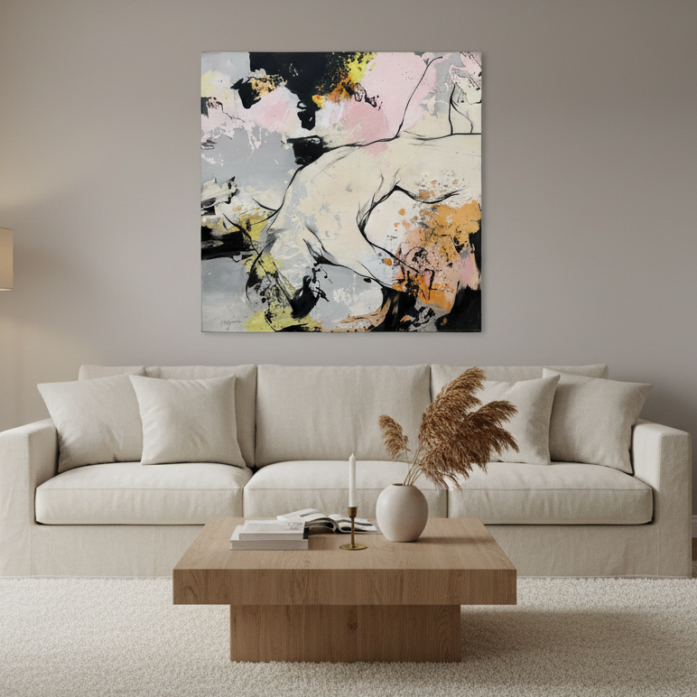 Peinture Pink de CYRIL REGUERRE dans un intérieur – 100 × 100 cm