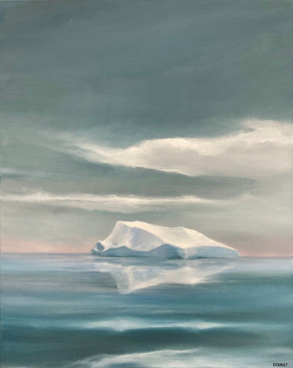 Peinture à l'huile sur toile représentant un paysage marin bleu, Océan 01 d'Elise Barat, 65 x 81 cm