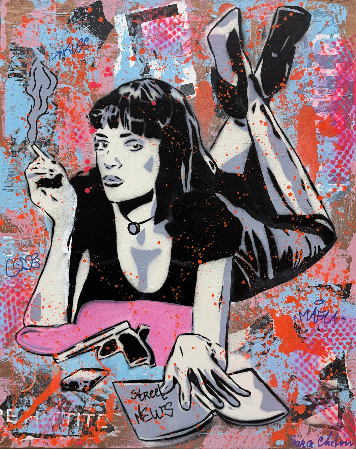 Peinture technique mixte sur toile, Icon de Sara Chelou, street art pop art aux tons roses et multicolores, 60 x 81 cm